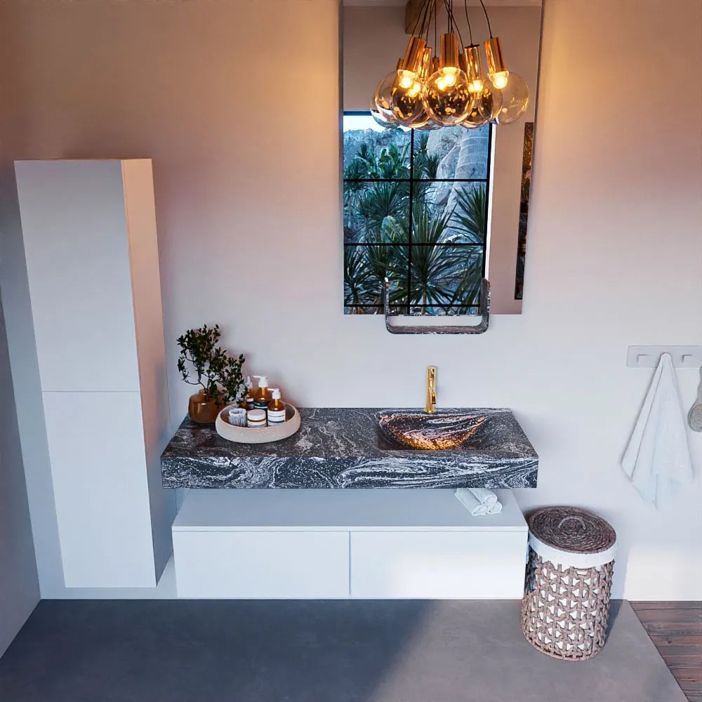 Mondiaz Alan DLux badmeubel 130cm talc 2 lades met wastafel lava rechts 1 kraangat