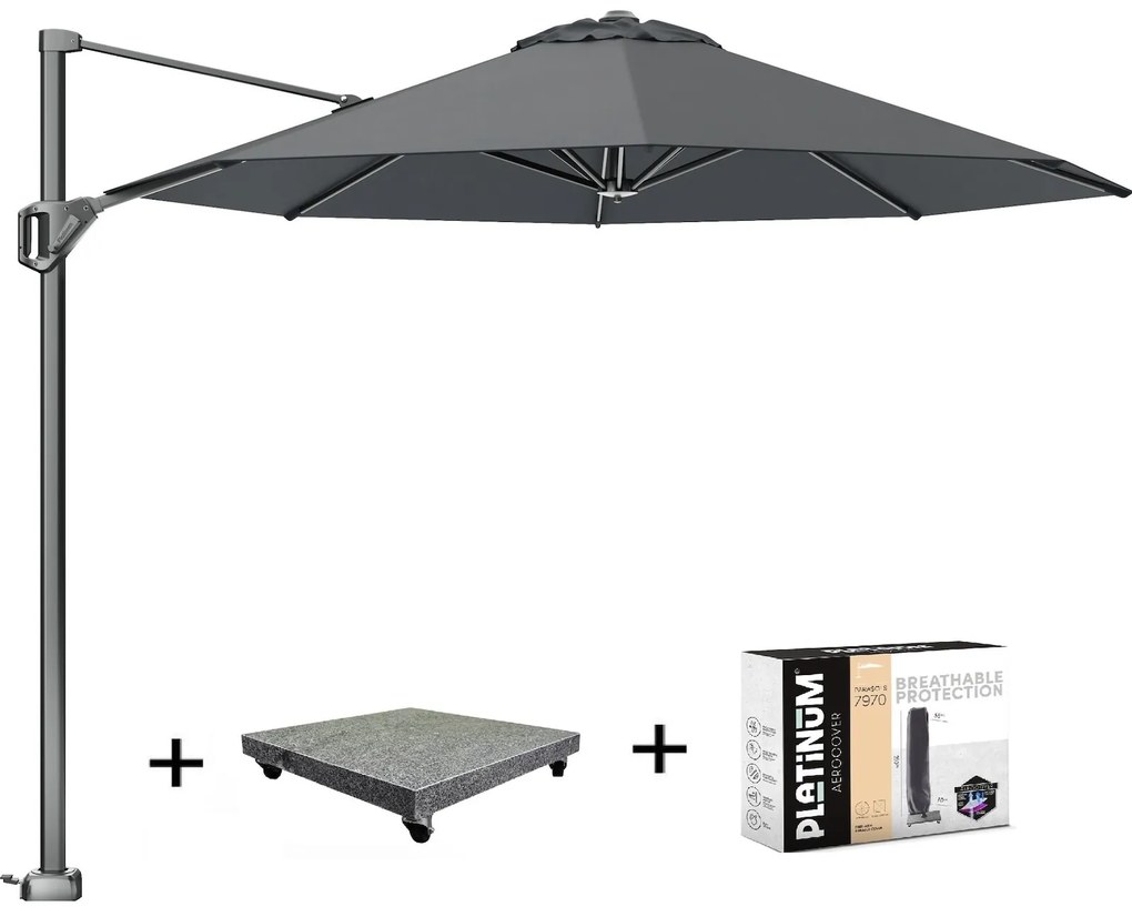Voyager T1 zweefparasol 300 cm rond antraciet met 90KG voet en hoes