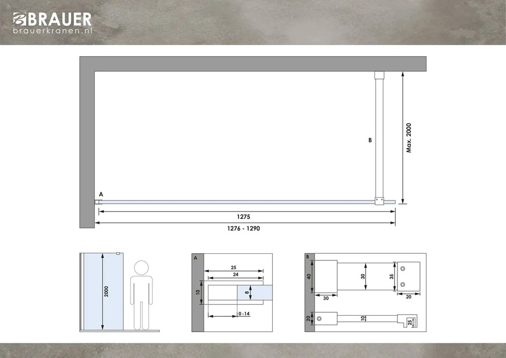 Brauer Brushed Season inloopdouche helder glas 130x200 met muurprofiel RVS-kleurig geborsteld