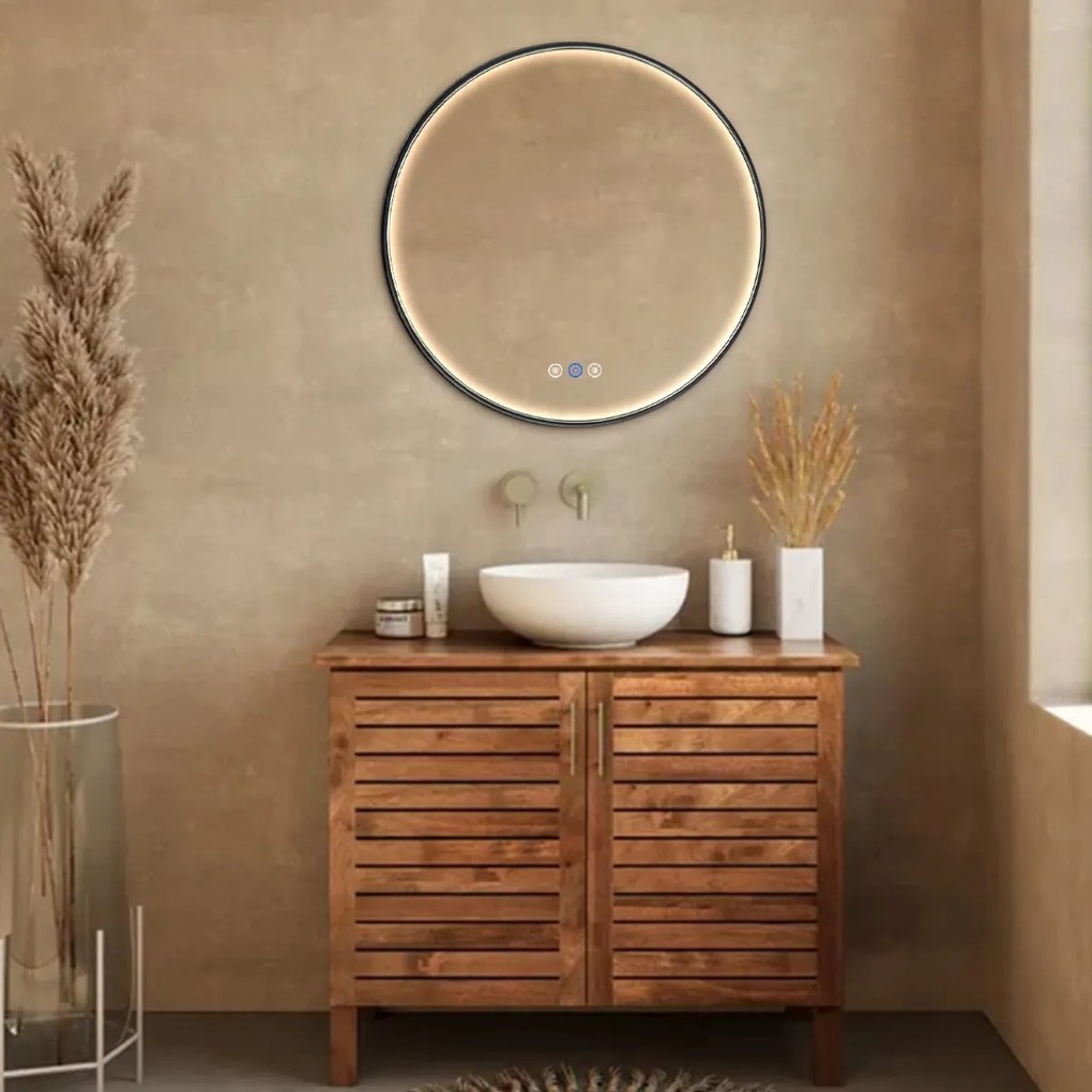 Saniclear Circle Black ronde spiegel met verwarming, direct en indirect licht mat zwart 80cm