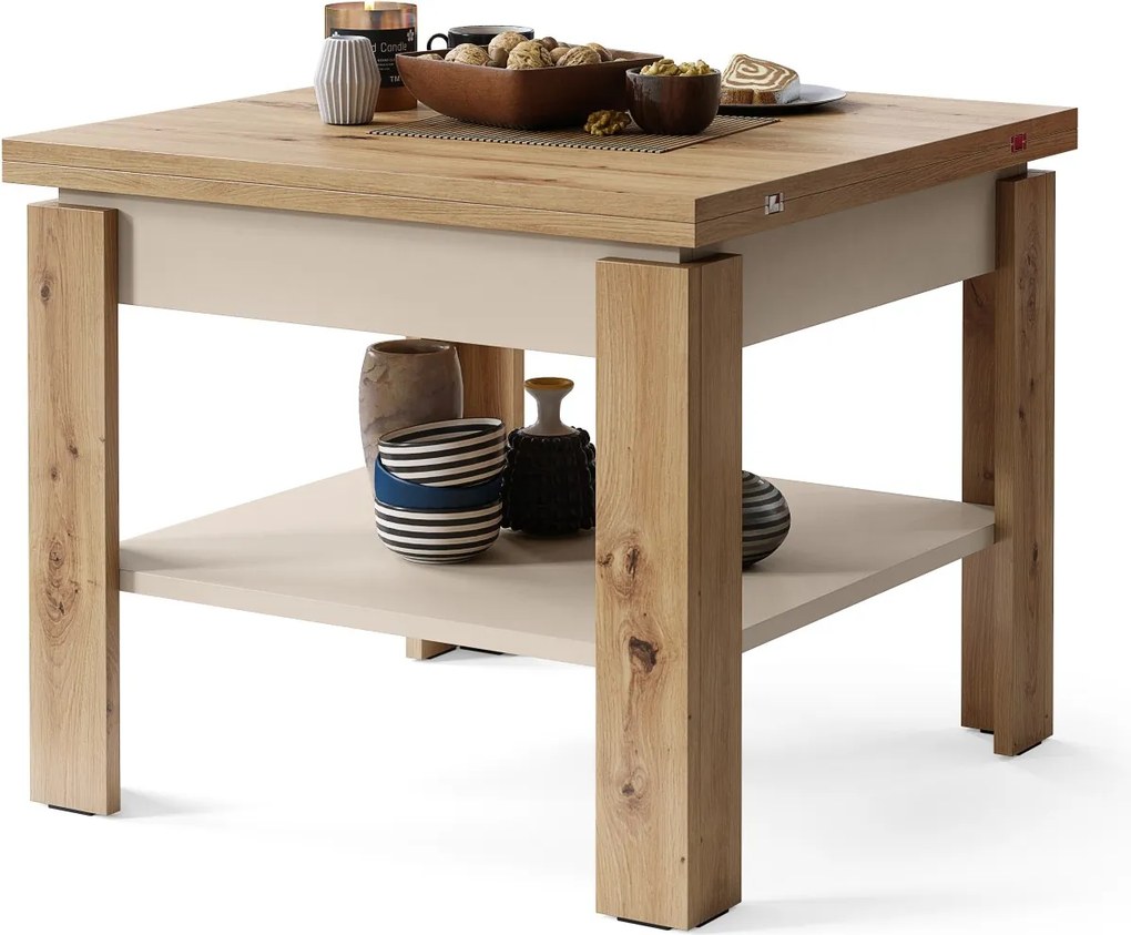 LEO Artisan Eiken / beige - KOFFIETAFEL MET UITKLAPBAAR BLAD