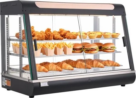 VEVOR 3-laags verwarmde vitrinekast 130 liter, 1400 W, verwarmde vitrinekast 30–85 °C, voedselwarmer met LED-verlichting en verstelbare schappen, voedselvitrinekast voor hamburgers, pizza, brood, gebraden kip