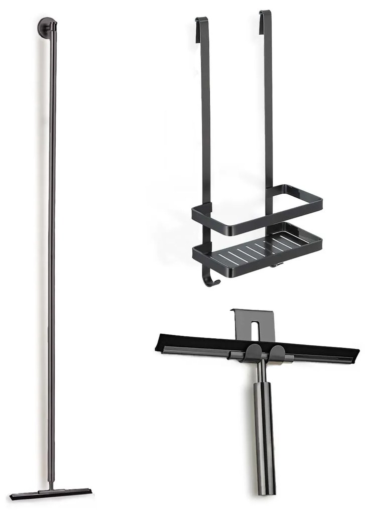 Saniclear Iron douche accessoiresset met wissers en shampoohouder verouderd ijzer - gunmetal