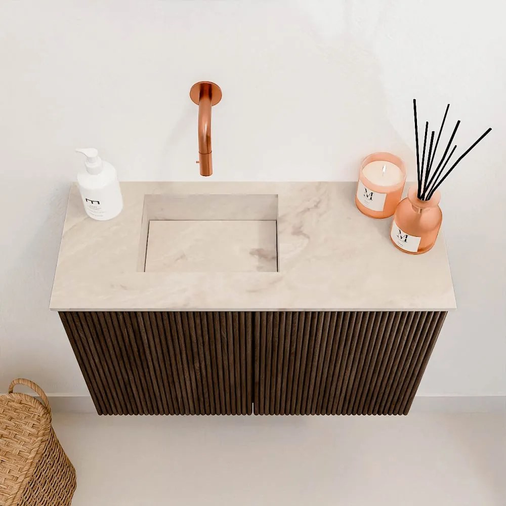 Mondiaz Joya DLux 60cm toiletmeubel walnut met wastafel faye links zonder kraangat frappe