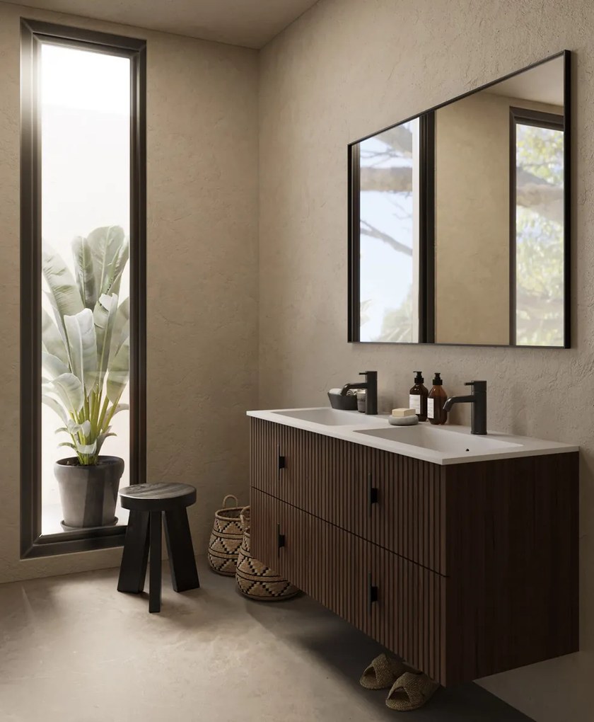 Muebles Avila badmeubel ribbelfront 120cm walnoot met dubbele wastafel met kraangaten