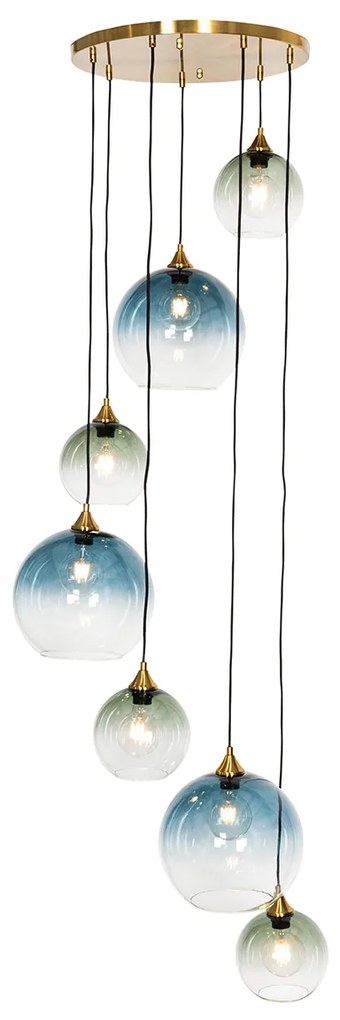 Art Deco Hanglamp messing met blauw glas rond 7-lichts - Sandra