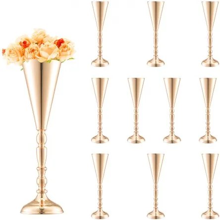VEVOR 10-delige 43 cm hoge bruidsbloemenvaas, metalen trompetvormig middelpunt, gouden bloemenstandaard voor tafels bij bruiloftsdiners, feesten, jubilea, ceremonies, verjaardagen en evenementendecoratie