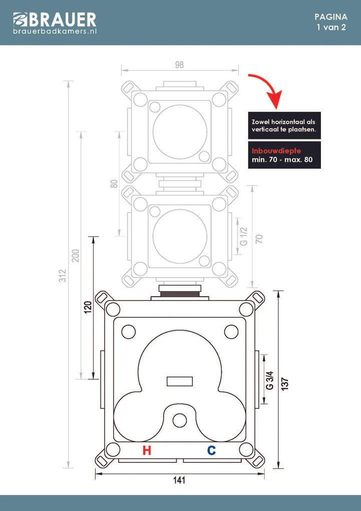 Brauer Stripe inbouwthermostaat RVS geborsteld PVD