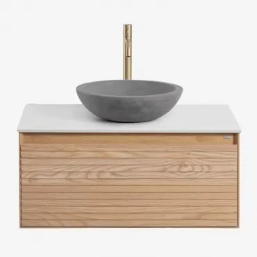 Tedrik Zwevend Badkamermeubelset Van Essenhout Ash Brown & Rond Grijs Cement Ø40 Cm Tarsis & Spiegelloze & Goud ↑30 Cm Met - Sklum