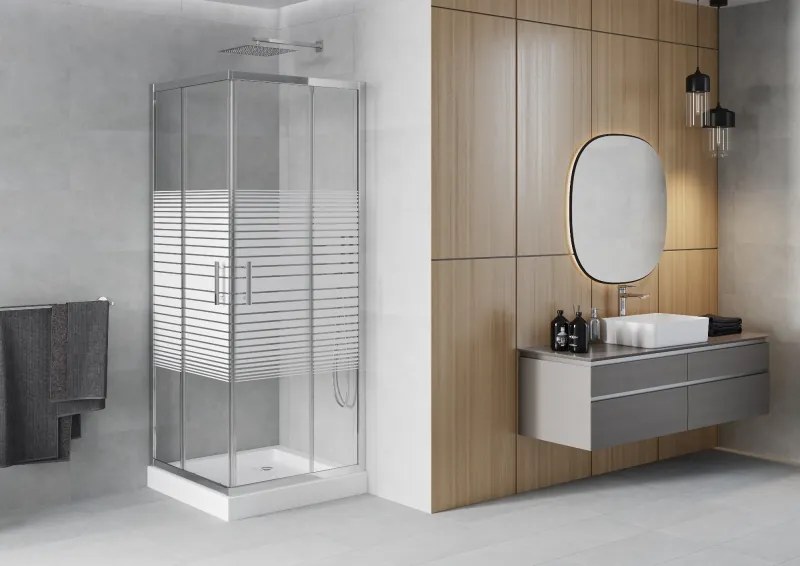Mexen Rio vierkante douchecabine 90 x 90 cm, witte strepen, chroom + douchebak, wit - 860-090-090-01-20-4510