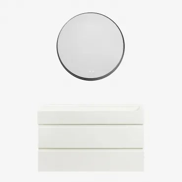 Ona Zwevend Badkamermeubelset Van Hout En Essenfineer Met Geïntegreerde Wastafel Wit & Round Led And Antifog Zwart Ø80 Cm Kimacs & Zonder - Sklum