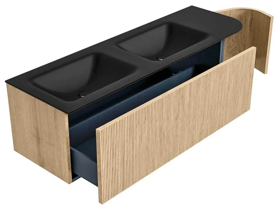 Mondiaz Kurve 145cm badmeubel ronding rechts oak met 1 lade en deur en wastafel cloud dubbel/links 2 kraangaten urban