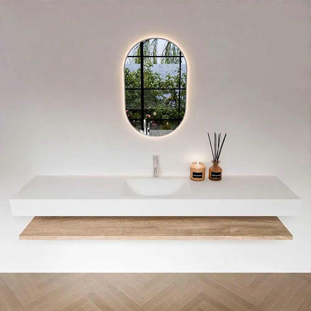 Zaro Alan badmeubel 190cm met planchet washed oak en vrijhangende wastafel cloud midden 1 kraangat talc