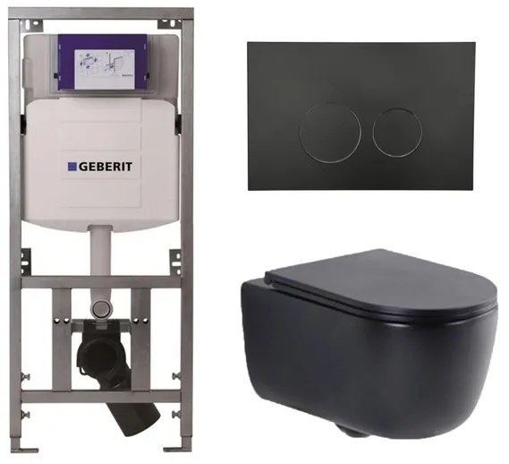 QeramiQ Dely Swirl Toiletset - 36.3x51.7cm - Geberit UP320 Burda inbouwreservoir - slim zitting - mat zwarte metalen bedieningsplaat - ronde knoppen - mat zwart 0701131/SW706192/SW1000768/SW1026258