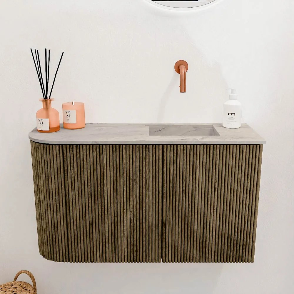 Mondiaz Joya DLux 70cm toiletmeubel ronding links dusk met wastafel faye rechts zonder kraangat glace
