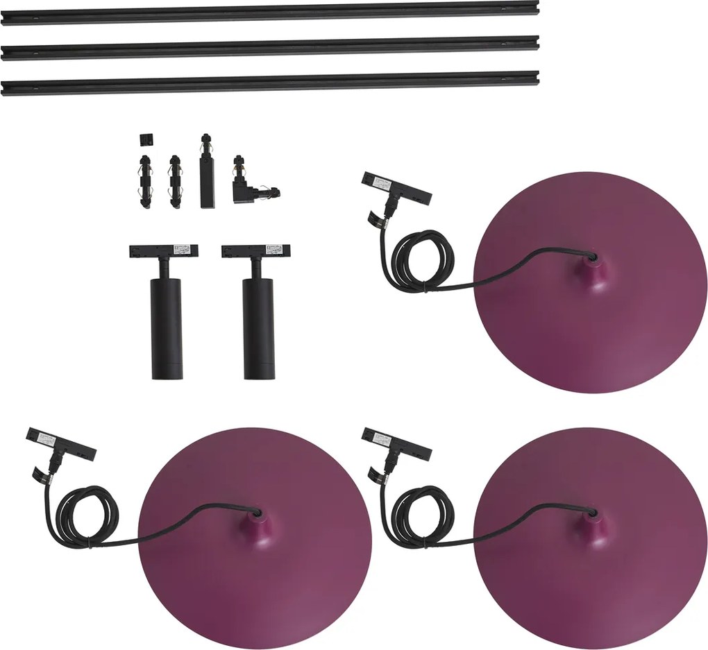 Modern railsysteem zwart met 2 spots en 3 hanglampen paars 1-fase - Slimline Uzzy Panzi