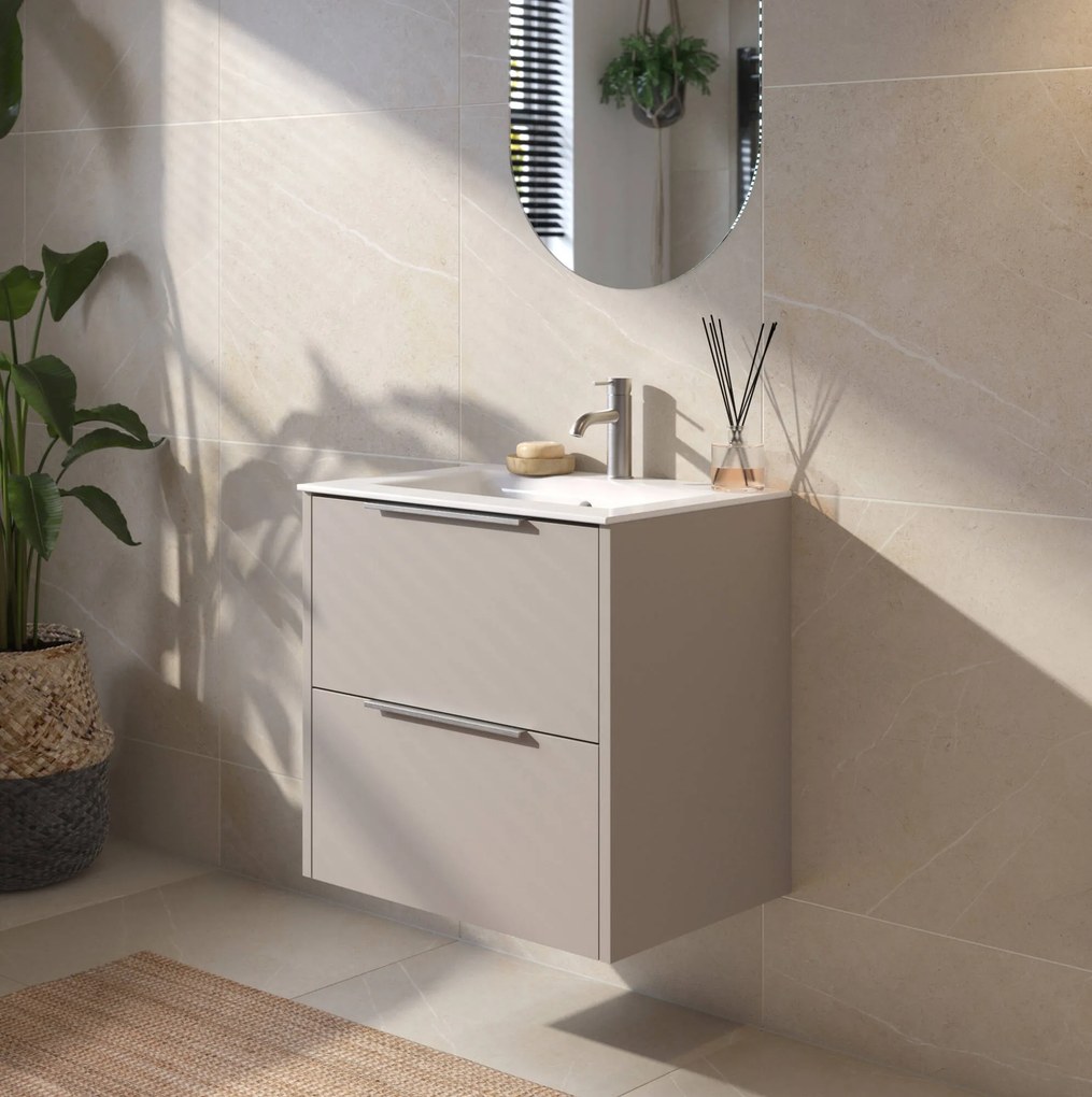 Saqu Lima badmeubel incl. glans witte keramische wastafel 60x46x61cm mat greige – rvs greep