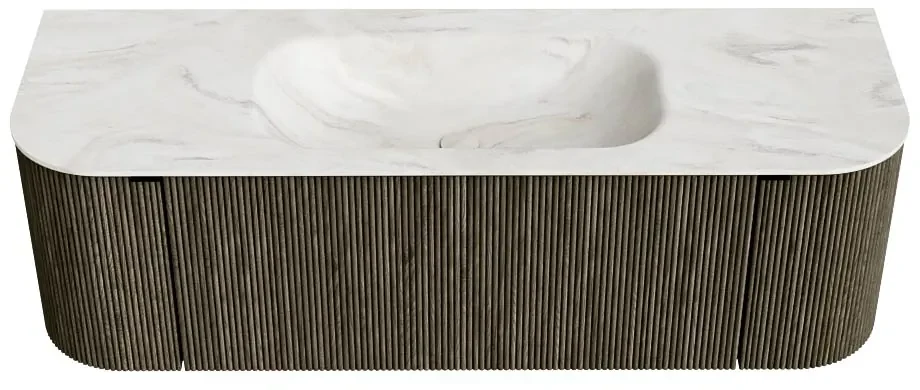 Mondiaz Kurve-dlux 140cm badmeubel ronding links/rechts shadow met 1 lade en 2 deuren en wastafel big small midden zonder kraangat ostra