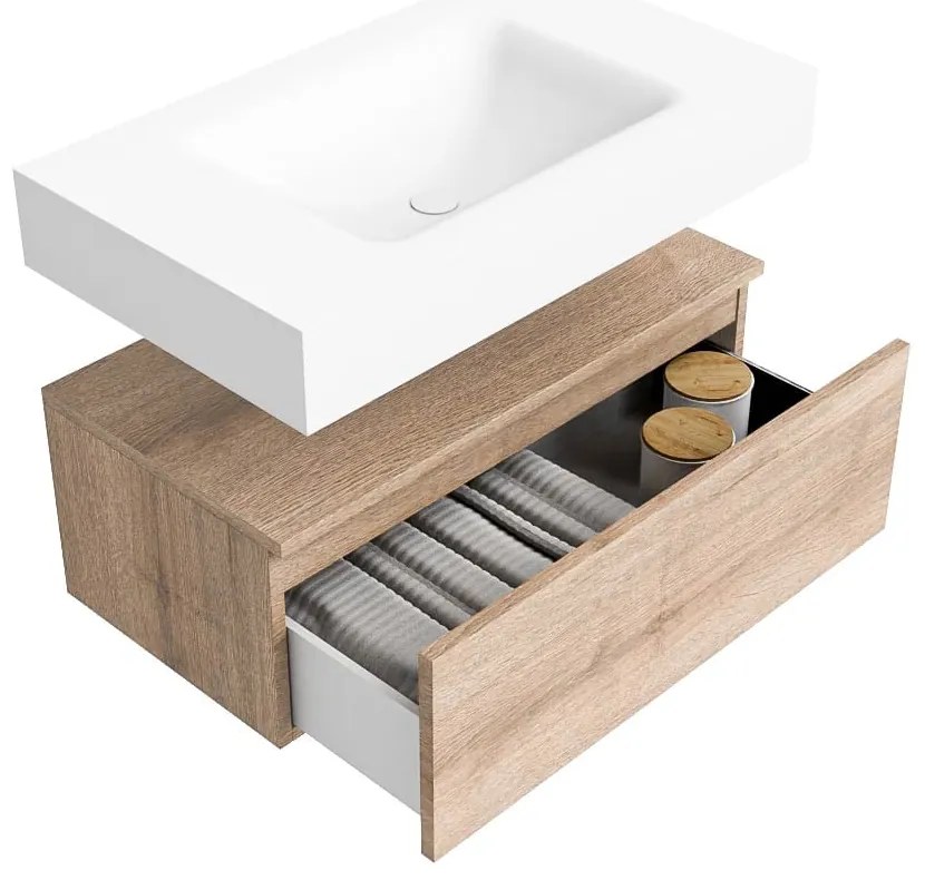 Zaro Alan badmeubel 80cm washed oak 1 lade met vrijhangende wastafel cloud midden 1 kraangat talc