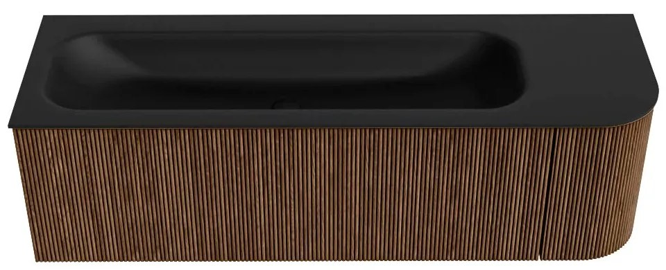 Mondiaz Kurve 145cm badmeubel ronding rechts walnut met 1 lade en deur en wastafel big large links zonder kraangat urban