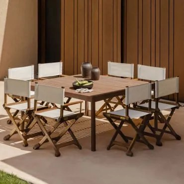 Set Van 150x150 Cm Vierkante Tafel In Aderyn Acacia Hout En 8 Ridley Opvouwbare Tuinregisseursstoelen In Hout Gebroken Wit - Sklum