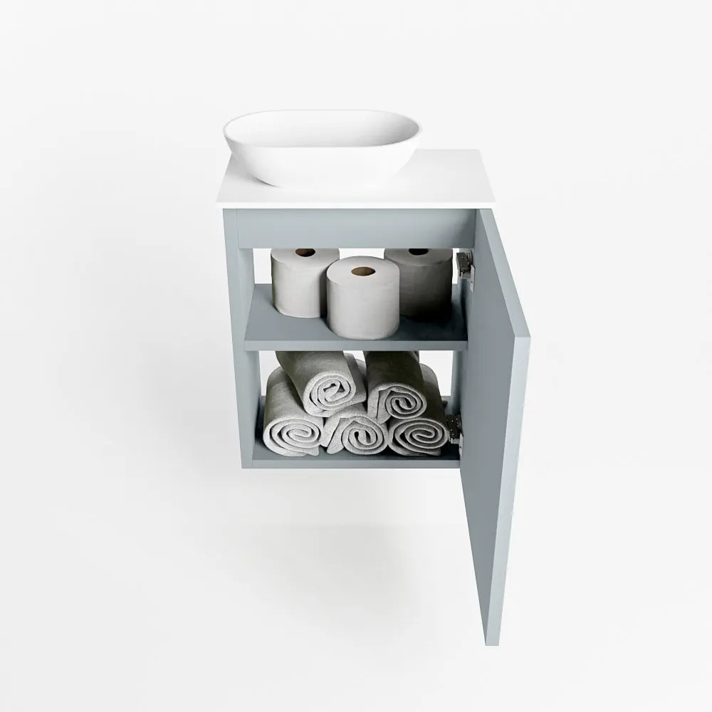 Mondiaz Fowy toiletmeubel 40cm clay met witte waskom links en kraangat