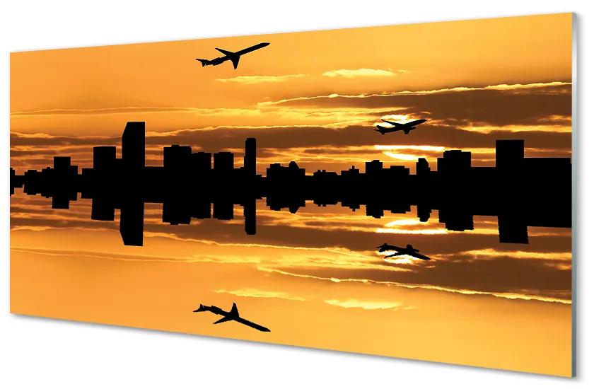 Schilderij op glas Airplanes city sun 100x50 cm