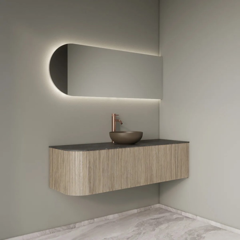 Gliss Design Alluro badmeubel ribbelfront met ronding links 140cm corn silk en zwart leisteen toppaneel