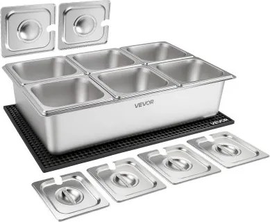 VEVOR Ingrediëntenbakjes voor op het aanrecht, bijgerechtbakjes met 6 roestvrijstalen bakjes van 1/6 inch, kruidendispenser met apart deksel, serveerbakjesset voor buffetten, restaurants, hotels en feesten
