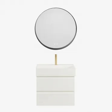 Ona Zwevend Badkamermeubelset Van Hout En Essenfineer Met Geïntegreerde Wastafel Wit & Round Led And Antifog Zwart Ø80 Cm Kimacs & - Sklum