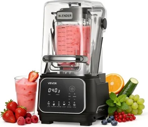 VEVOR 2L Staande Mixer, Smoothie Blender met Beschermkap, 2200W, IJscrusher met Zelfreinigende Functie, Instelbare Snelheid, 6 Voorgeprogrammeerde Programma's, Smoothies, IJscrusher, Puree, Zwart