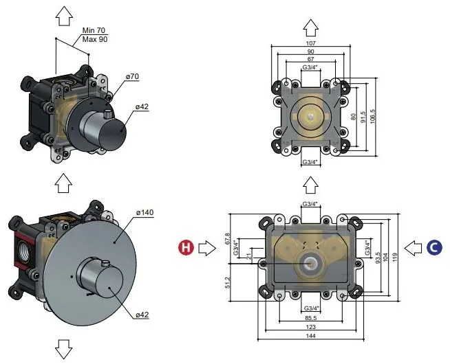 Hotbath Cobber Afbouwdeel Thermostaat met 1 stopkraan Zwart Chroom CB012