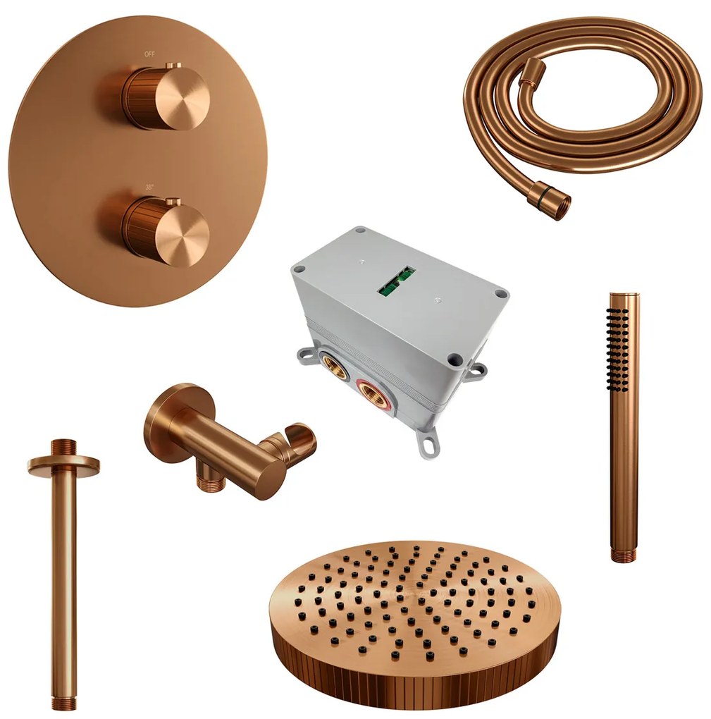 Brauer Stripe inbouw regendouche rond met 25cm hoofddouche, plafondarm en staafhanddouche set 39 koper geborsteld PVD