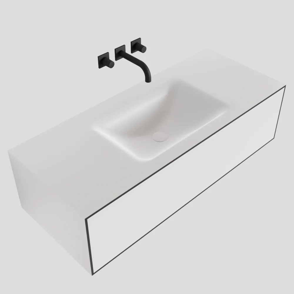 Zaro Lagom volledig naadloos solid surface onderkast 110cm mat zwart met 1 lade Push tot open. Compleet met solid surface wastafel met 0 kraangat(en)