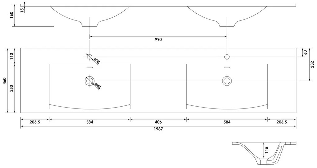 Brauer Glacier dubbele wastafel fine stone 200cm met kraangaten wit glans