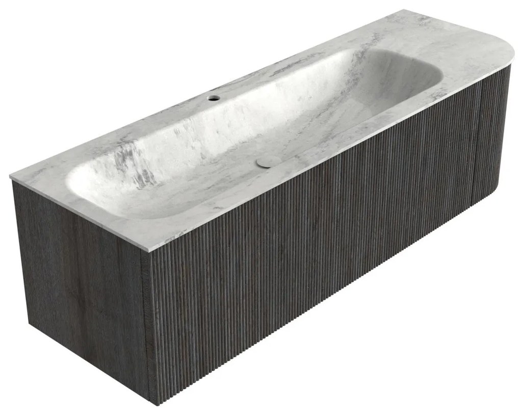 Mondiaz Kurve-dlux 145cm badmeubel ronding rechts shadow met 1 lade en deur en wastafel big large kraangat links opalo