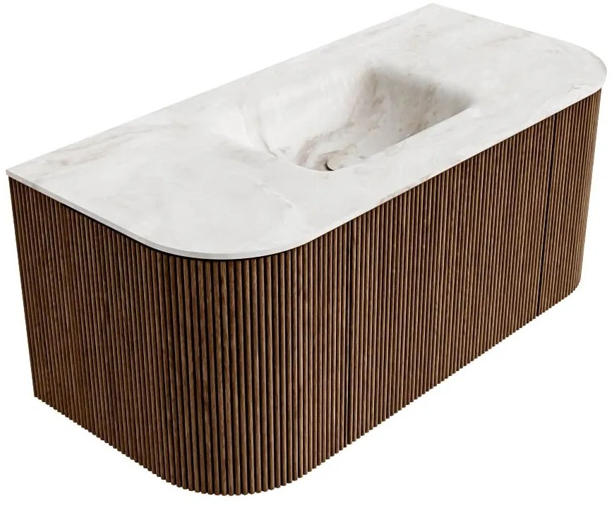 Mondiaz Kurve-dlux 100cm badmeubel ronding links/rechts walnut met 1 lade en 2 deuren en wastafel grunne midden zonder kraangat frappe