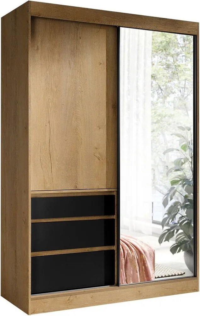 Kledingkast Toledo 115, Lefkas eik, Matzwart, 216x140x65cm, 146.01 kg, Kledingkast deuren: Schuivend, Aantal planken: 1, Aantal planken: 1