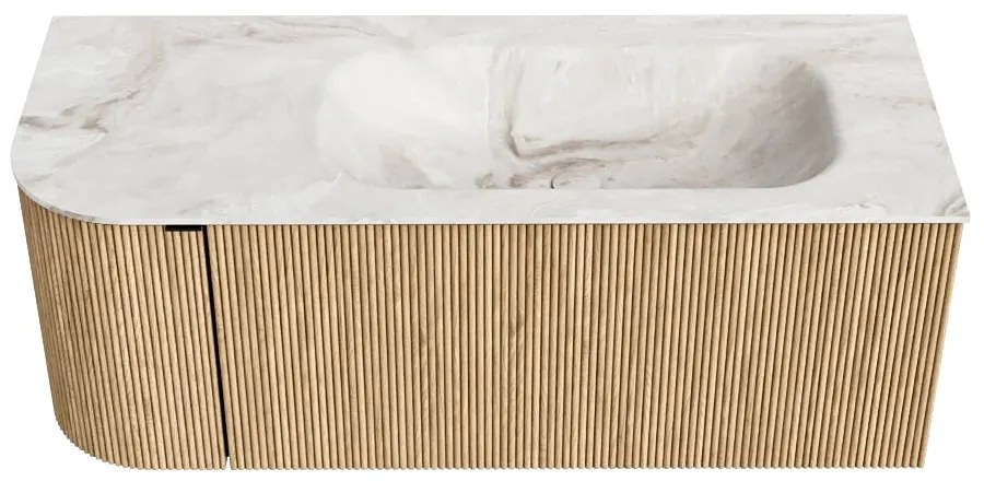 Mondiaz Kurve-dlux 115cm badmeubel ronding links oak met 1 lade en deur en wastafel big small kraangat rechts frappe