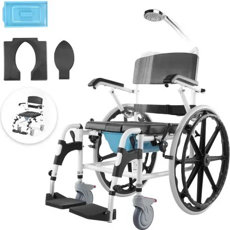 VEVOR Doucherolstoel, 17,5 inch brede aluminiumlegering badkamerrolstoel voor binnendouches, verstelbare doucherolstoel met rem voor gehandicapte volwassenen, draagvermogen van 300 lbs, douche-/toilet-/transportstoel