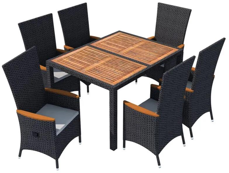 7-delige Tuinset poly rattan acaciahout zwart