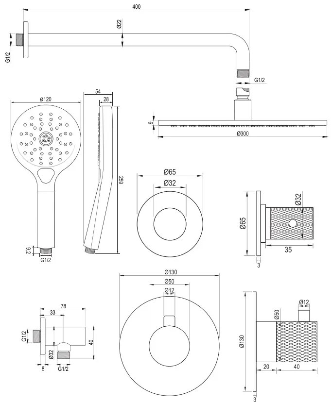 Brauer Copper Carving complete inbouw regendouche set 10 met 30cm douchekop, gebogen muurarm en 3 standen handdouche geborsteld koper PVD