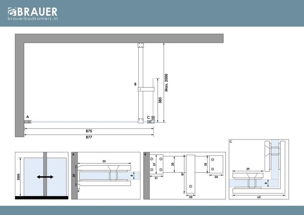 Brauer Loop Brauer Void profielloze inloopdouche 90cm met 40cm zijwand messing ...
