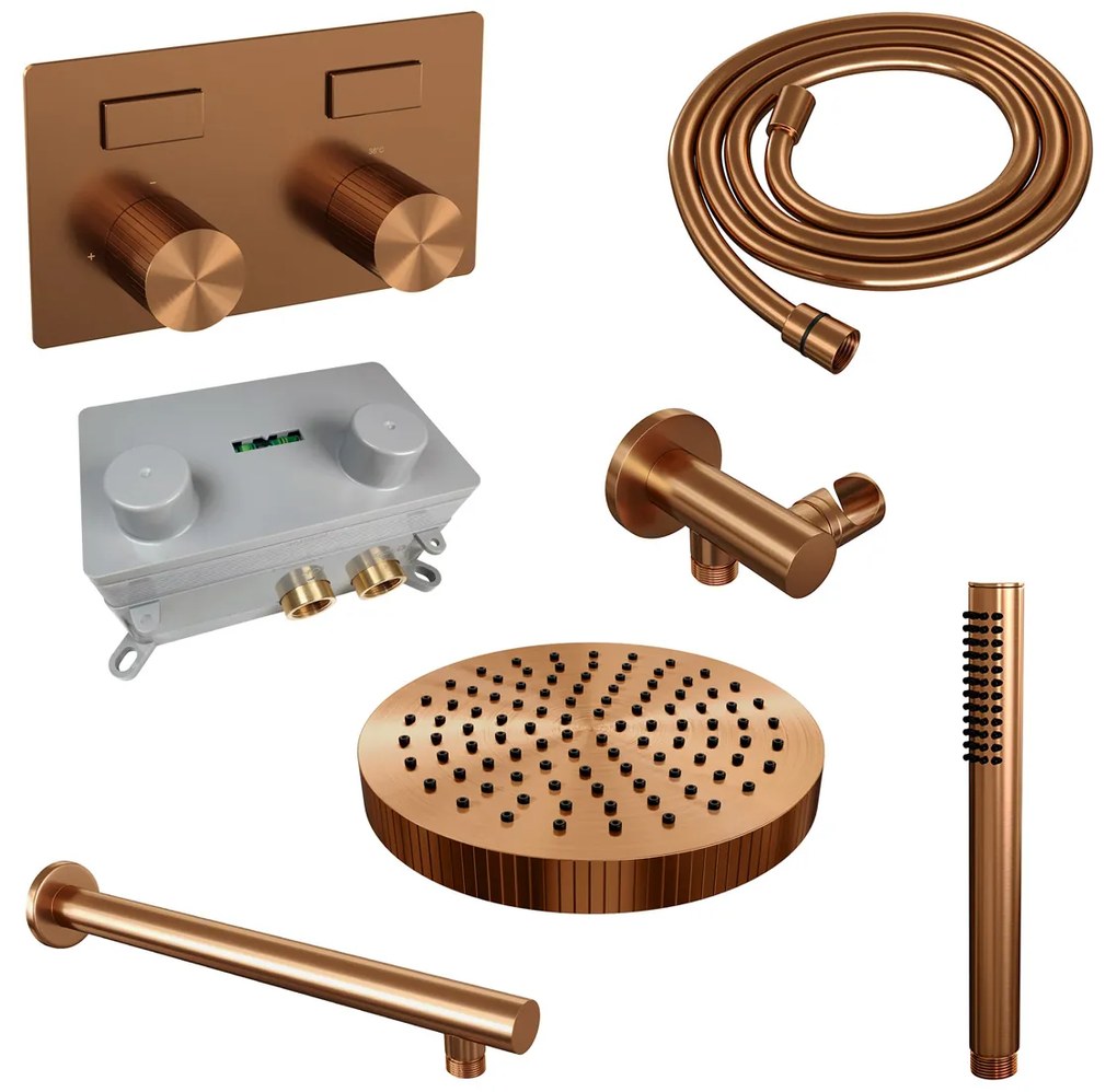 Brauer Stripe inbouw regendouche met 25cm hoofddouche, rechte muurarm en staafhanddouche set 25 koper geborsteld PVD