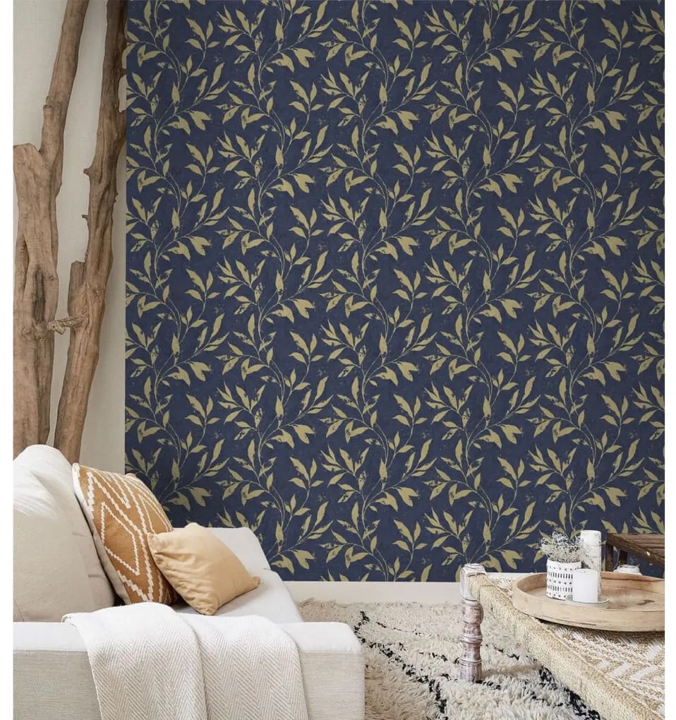 DUTCH WALLCOVERINGS Behang Leafs blauw en goudkleurig