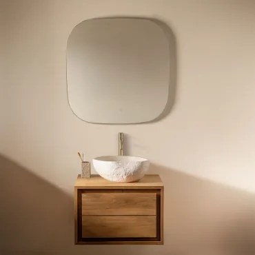 Jabari Zwevend Badkamermeubelset Van Teakhout Teakhout & Onregelmatige In Wit Cement ↔︎40 Cm Fedro & Vierkant Led En Anticondens - Sklum