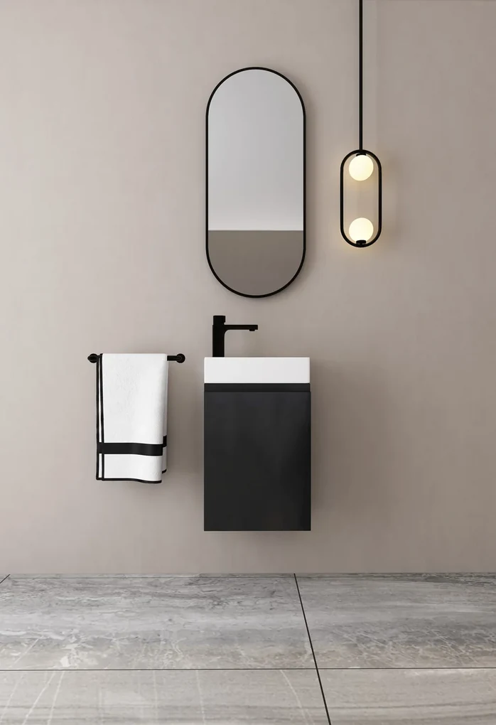 MD Interior Eden toiletmeubel zwart mangohout links met solid surface fontein links
