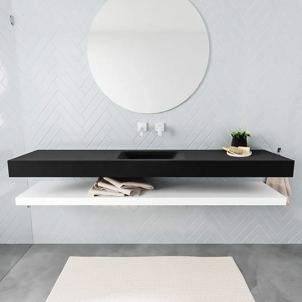 Zaro ALAN vrijhangende wastafel 200cm met wasbak Enkel midden en solid suface planchet in kleur Wit mat 0 lade(s)