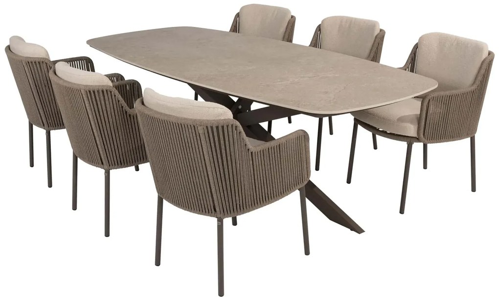 4 Seasons Outdoor Bernini tuinset terre met Prado tafel met barrelvormig blad 240 cm Tuinset bruin weerbestendig