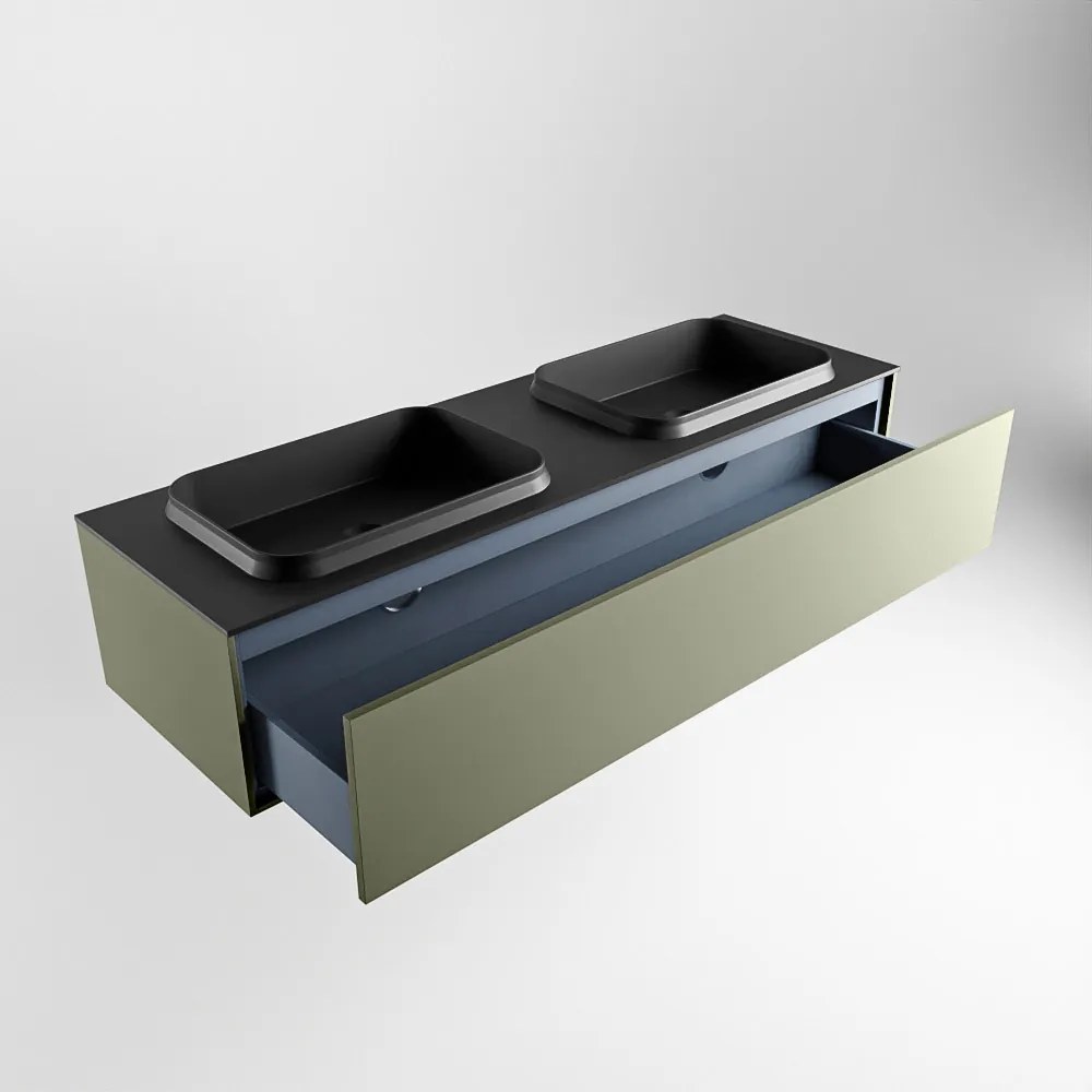 Mondiaz Erin 150cm badmeubel Army met 1 lade en zwarte wastafel dubbel zonder kraangaten